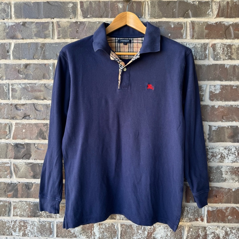 Men’s Navy Long-Sleeve Polo Shirt with Plaid Trim – Tagged L, Fits Small